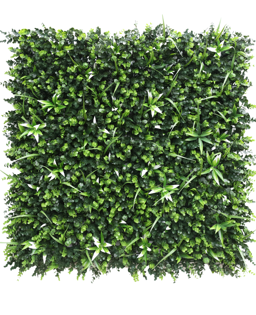El seto artificial Hoguera 100x100 cm UV es un panel cuadrado de denso follaje verde artificial con variadas plantas de follaje pequeño y hojas puntiagudas y abigarradas sobre un fondo blanco liso.