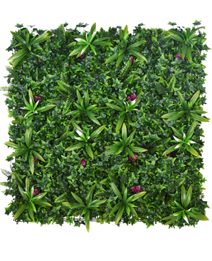 El Seto Artificial Olivino 100x100 cm UV es un denso panel de jardín vertical con plantas de hojas verdes con pequeñas flores de color violeta, perfecto para añadir un verdor vibrante a cualquier espacio.