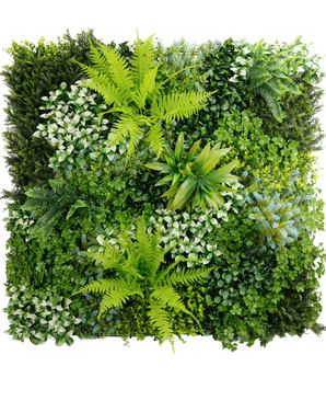 El Seto Artificial Cloe 100x100 cm UV es un jardín vertical cuadrado con una mezcla de exuberantes plantas verdes y helechos con hojas de variadas formas, tamaños y tonalidades para crear una pared de follaje denso, estructurado y vivo.