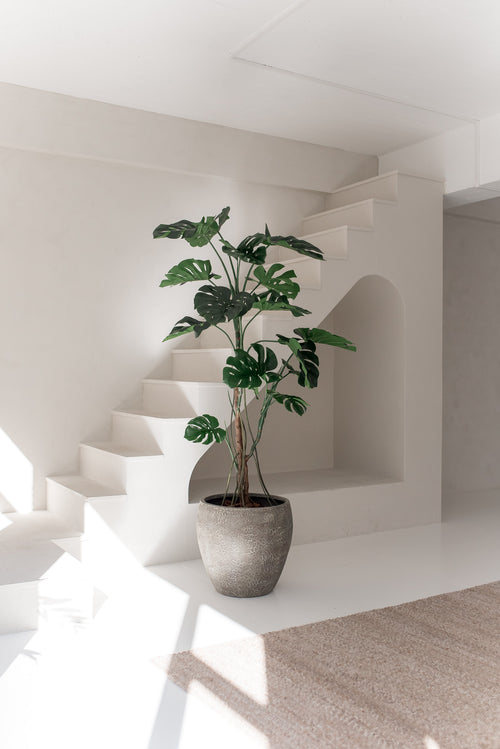 La planta artificial Monstera de 210 cm se encuentra en un interior minimalista y soleado con paredes blancas, líneas modernas, una escalera y una alfombra beige. La suave luz natural enfatiza el elegante diseño de la habitación.