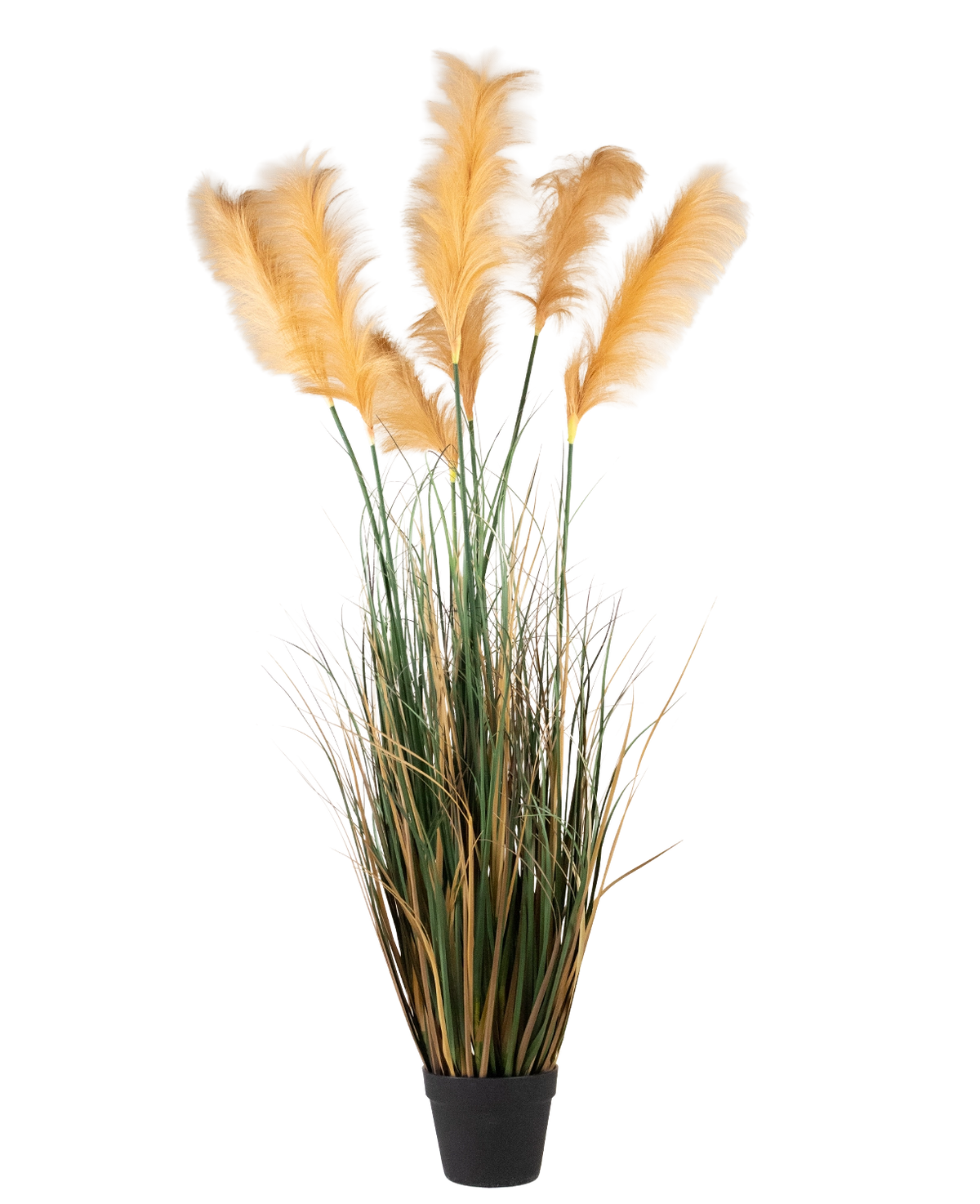 Una maceta negra contiene Hierba de Pampa Artificial de 150 cm retardante de fuego, con césped artificial verde alto y penachos de color marrón amarillento dispuestos para una apariencia decorativa natural.