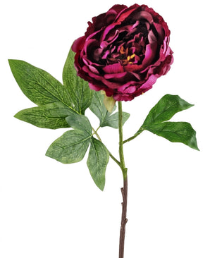 Un solo tallo de la flor artificial "Artificial Flower Peony 61 cm berenjena", con pétalos de color berenjena intenso y hojas verdes detalladas, aislado sobre un fondo blanco.