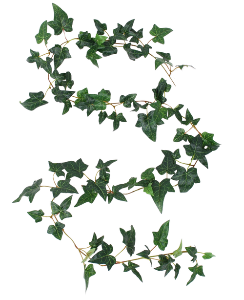 La planta colgante artificial Ivy Boston Garland 180 cm verde tiene una única enredadera de hiedra artificial con hojas de color verde oscuro que serpentea elegantemente sobre un fondo blanco.