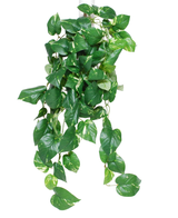 La planta colgante artificial Golden Vine Deluxe 80 cm tiene hojas colgantes en forma de corazón de color verde con tonos amarillos sobre un fondo blanco.