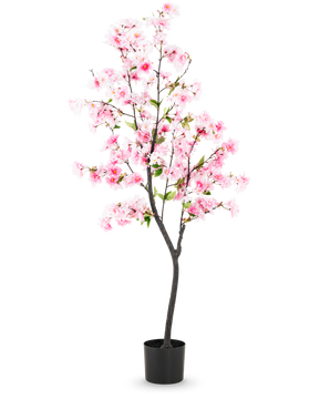 La flor de cerezo artificial rosa de 150 cm tiene flores de seda rosa y hojas verdes en una maceta negra, sobre un fondo blanco liso.