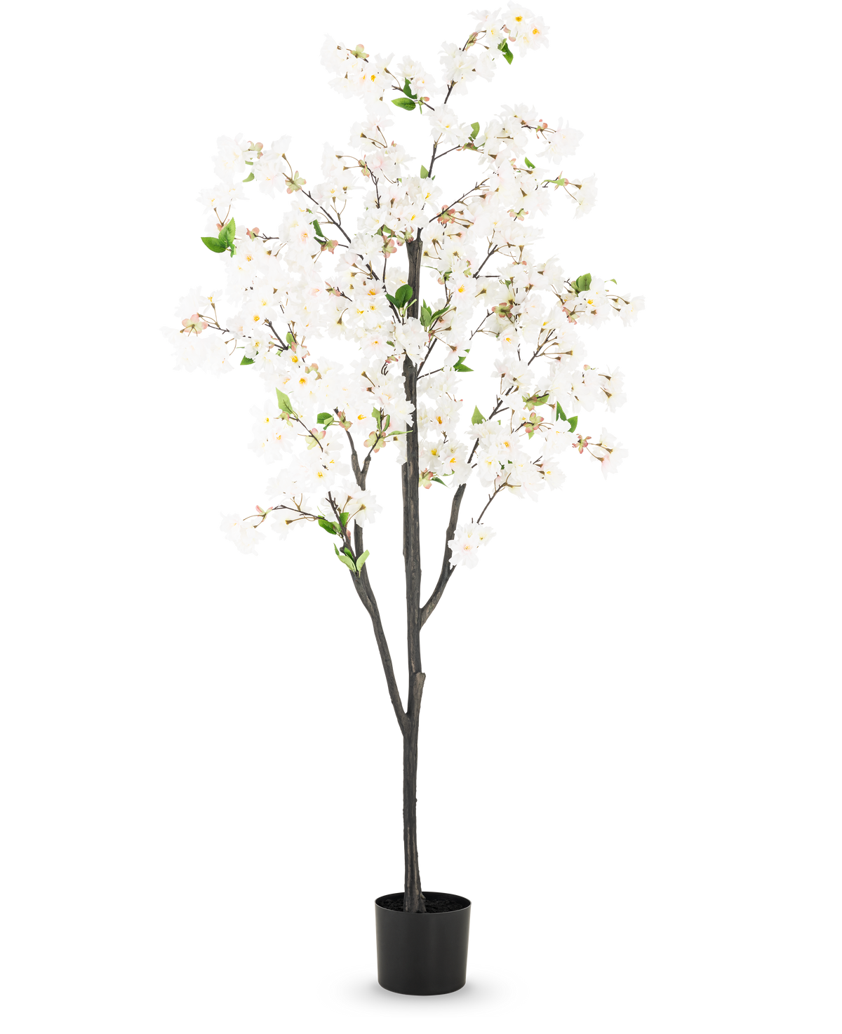 La Flor de Cerezo Artificial 180 cm blanca es un árbol artificial alto con varias ramas de color marrón oscuro, flores blancas y hojas verdes en una sencilla maceta negra, sobre un fondo blanco liso.