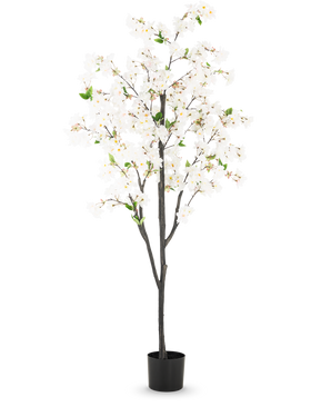 La Flor de Cerezo Artificial 180 cm blanca es un árbol artificial alto con varias ramas de color marrón oscuro, flores blancas y hojas verdes en una sencilla maceta negra, sobre un fondo blanco liso.