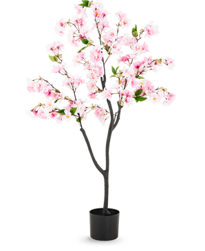 Flor de cerezo artificial de 120 cm de color rosa con flores rosas y hojas verdes en una maceta negra, hecha de flores de seda para una apariencia realista, sobre un fondo blanco.