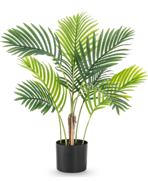 La Planta Artificial Fénix de 85 cm tiene varias hojas altas de palmera verde y se presenta en una sencilla maceta negra, perfecta sobre un fondo blanco.