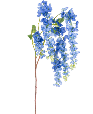 Un único tallo de glicina artificial de 115 cm con vibrantes flores de glicina y hojas verdes sobre un tallo largo y delgado de color marrón, aislado sobre un fondo blanco.