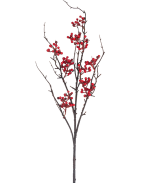 La rama artificial de bayas de 93 cm de color rojo tiene una rama marrón desnuda con múltiples retoños y racimos de bayas de color rojo brillante sobre un fondo blanco liso.