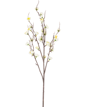 La Flor de Cerezo Japonés Artificial 94 cm blanca tiene una única rama marrón con múltiples brotes finos y pequeñas flores de cerezo artificiales blancas, sobre un fondo blanco liso.