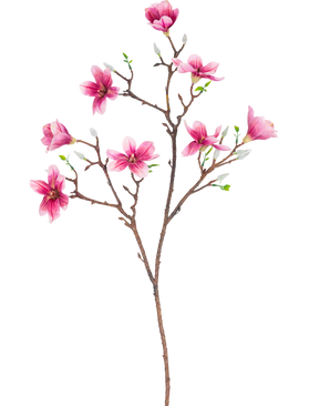 La Rama Artificial Magnolia flor pequeña 89 cm rosa tiene una rama con varias flores de magnolia rosa y hojas verdes, perfecta para uso decorativo.