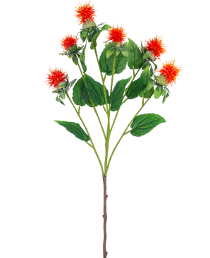 La flor artificial Cártamo de 79 cm naranja tiene un solo tallo con múltiples ramas, cada una con tenues flores de color rojo anaranjado y amarillo con hojas verdes, sobre un fondo blanco.