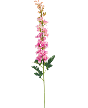 Una sola flor artificial Delphinium de 79 cm, flor rosa con hojas verdes profundamente lobuladas, aislada sobre un fondo blanco.