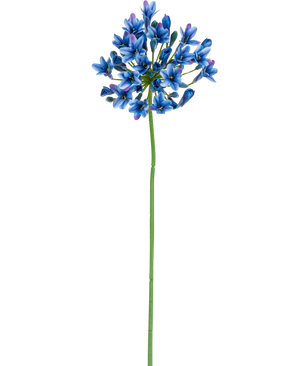 La flor artificial Agapanthus 77 cm azul tiene un largo tallo verde con un ramo de vibrantes flores azules y violetas sobre un fondo blanco liso.