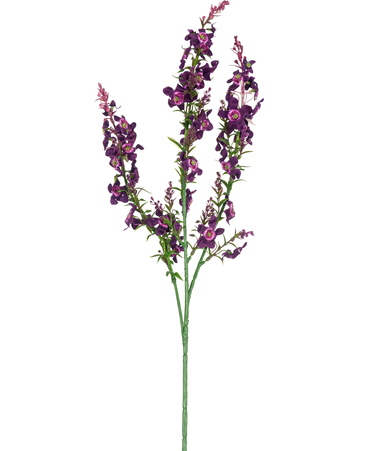 La Flor Artificial Catnip 75 cm rosa es un único tallo artificial con tres ramas de flores rosas y violetas y hojas verdes, aisladas sobre un fondo blanco.