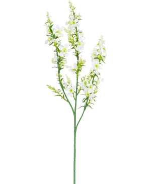 La Flor Artificial Catnip 75 cm blanca tiene un único tallo verde con múltiples ramas de pequeñas flores blancas y cogollos de color amarillo verdoso, aislados sobre un fondo blanco.