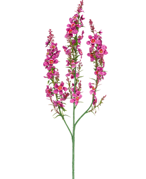 Una flor artificial de hierba gatera de 75 cm de color rosa claro tiene un único tallo verde con tres ramas, cada una con racimos de pequeñas flores de color rosa claro y hojas verdes, sobre un fondo blanco liso.