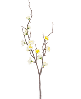 La Rama Artificial Prunus 78 cm blanca tiene una única rama marrón con múltiples retoños, decorada con pequeñas flores blancas y amarillas, sobre un fondo liso blanco.