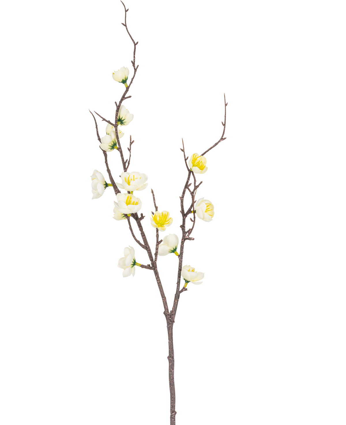 La Rama Artificial Prunus 78 cm blanca tiene una única rama marrón con múltiples retoños, decorada con pequeñas flores blancas y amarillas, sobre un fondo liso blanco.
