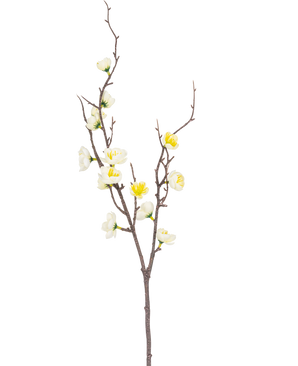 La Rama Artificial Prunus 78 cm blanca tiene una única rama marrón con múltiples retoños, decorada con pequeñas flores blancas y amarillas, sobre un fondo liso blanco.