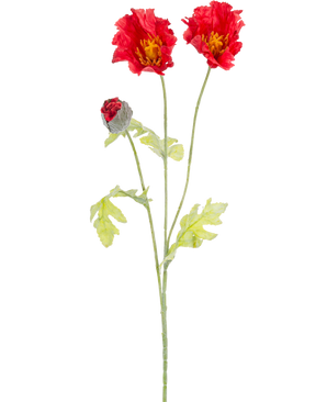 La flor artificial de amapola de 73 cm roja tiene un único tallo verde con dos flores de amapola rojas abiertas, un capullo rojo parcialmente cerrado y hojas de color verde claro, todo ello sobre un fondo blanco liso.