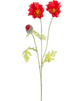 La flor artificial de amapola de 73 cm roja tiene un único tallo verde con dos flores de amapola rojas abiertas, un capullo rojo parcialmente cerrado y hojas de color verde claro, todo ello sobre un fondo blanco liso.