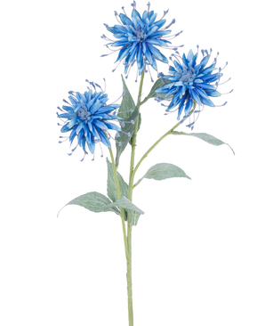 La flor artificial Scabiosa Japonica 70 cm azul tiene un solo tallo verde con tres tenues flores artificiales azules y varias hojas verdes, sobre un fondo blanco liso.