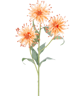 Una flor artificial Scabiosa Japonica de 70 cm de tallo de melocotón con tres flores artificiales de color naranja, pétalos puntiagudos y hojas verdes, fotografiada sobre un fondo blanco.
