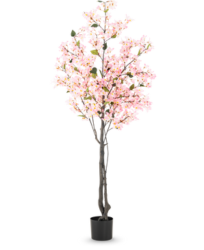 Planta artificial Buganvilla de 180 cm de color rosa con varias ramas llenas de pequeñas flores rosas y hojas verdes en una sencilla maceta negra, sobre un fondo blanco.