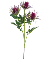 La rama de cardo artificial de 67 cm de color violeta tiene un solo tallo con tres flores puntiagudas parecidas a cardos de color violeta y hojas verdes irregulares sobre un fondo blanco.