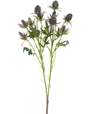 La Rama de Cardo Artificial 68 cm azul tiene un solo tallo con múltiples flores de cardo azul puntiagudas y hojas verdes dentadas, aisladas sobre un fondo blanco.