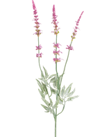 La rama artificial de lavanda de 66 cm violeta tiene un solo tallo con tres espigas altas y delgadas de pequeñas flores violetas y varias hojas verdes dentadas sobre un fondo blanco.