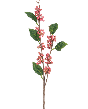La rama de bayas artificiales de 64 cm rosa tiene varios racimos de pequeñas bayas redondas de color rosa con hojas dentadas de color verde sobre finos tallos marrones, todas aisladas sobre un fondo blanco.