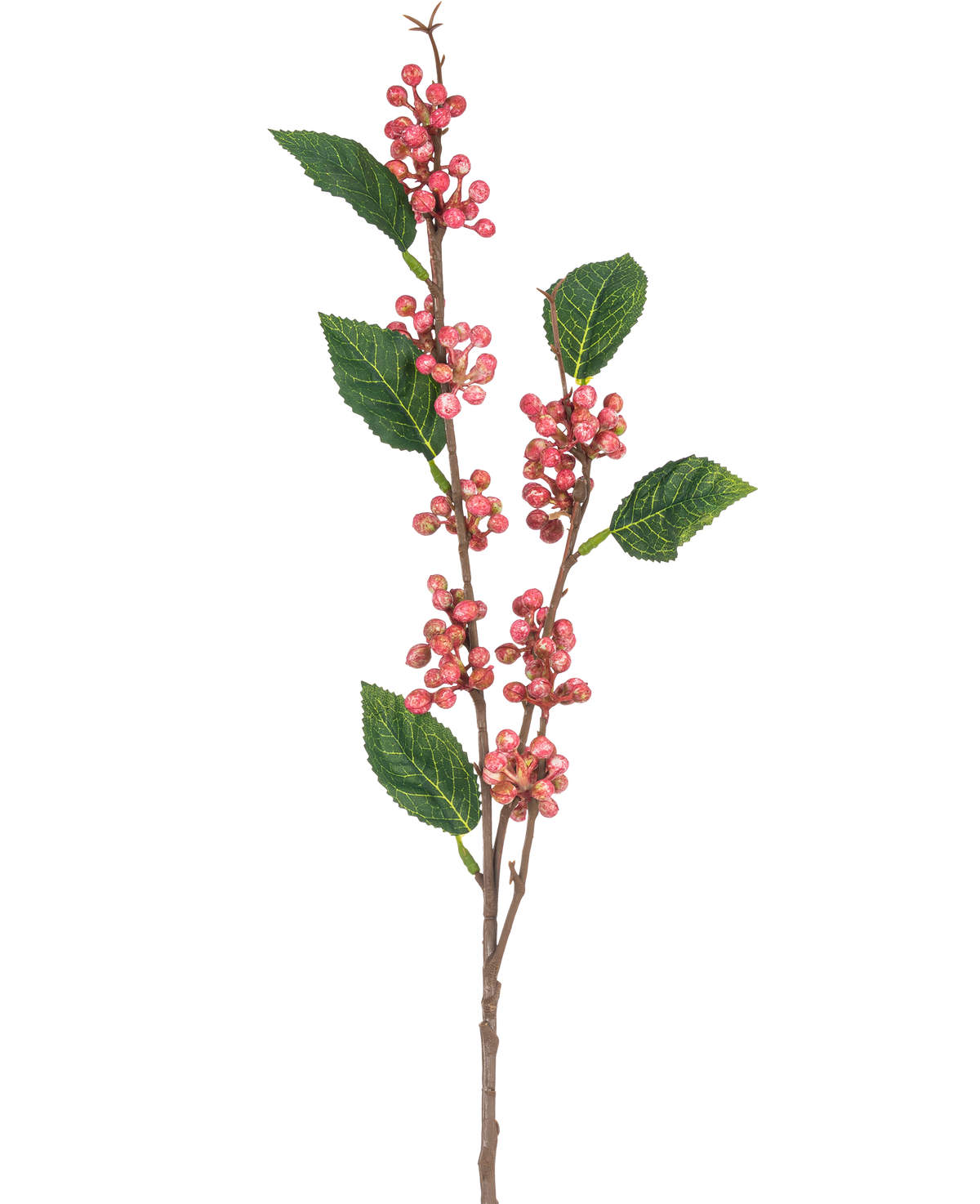 La rama de bayas artificiales de 64 cm rosa tiene varios racimos de pequeñas bayas redondas de color rosa con hojas dentadas de color verde sobre finos tallos marrones, todas aisladas sobre un fondo blanco.