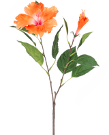 La Flor Artificial Hibisco 64 cm naranja tiene un solo tallo con hojas verdes y dos flores naranjas, una completamente abierta y otra en forma de capullo, sobre un fondo blanco.