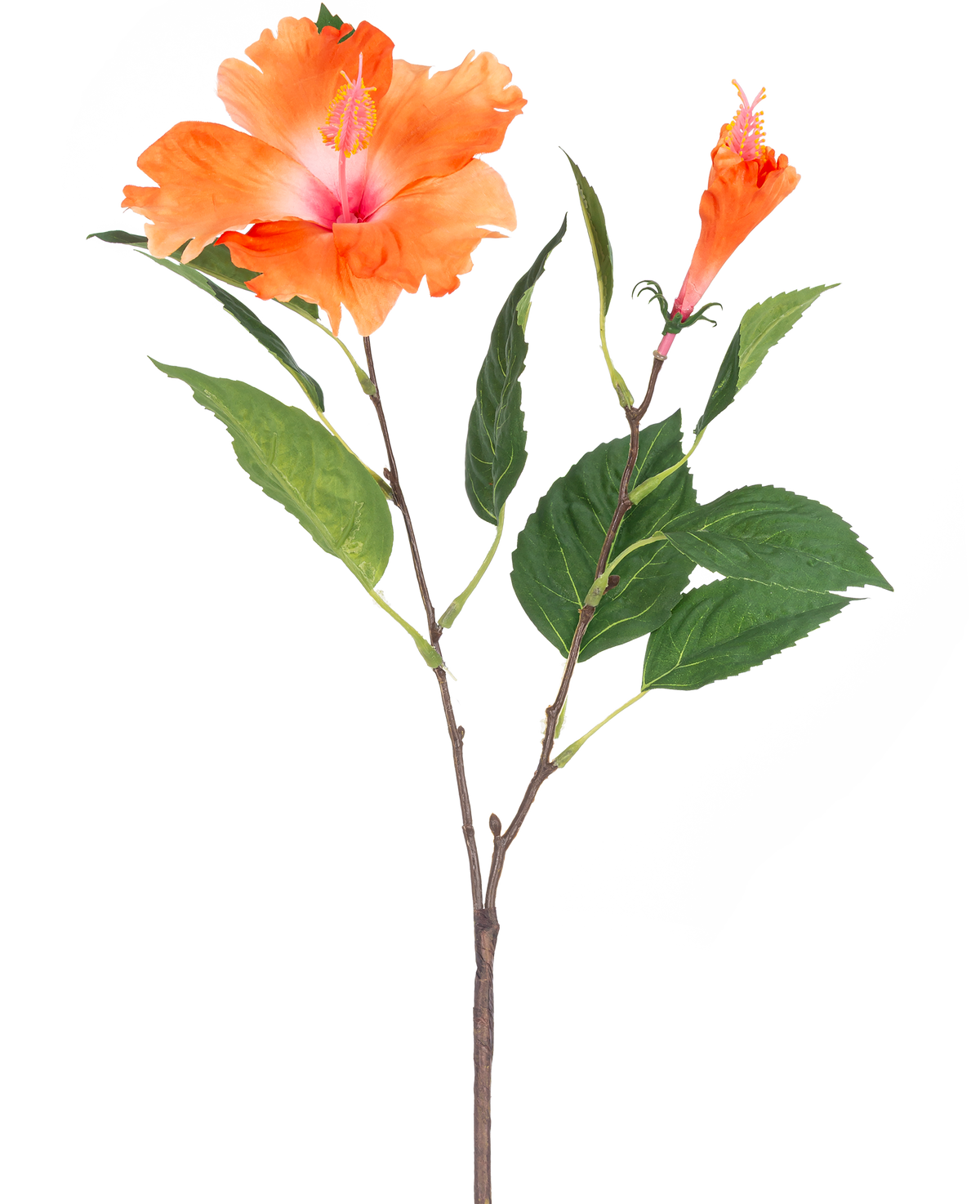 La Flor Artificial Hibisco 64 cm naranja tiene un solo tallo con hojas verdes y dos flores naranjas, una completamente abierta y otra en forma de capullo, sobre un fondo blanco.