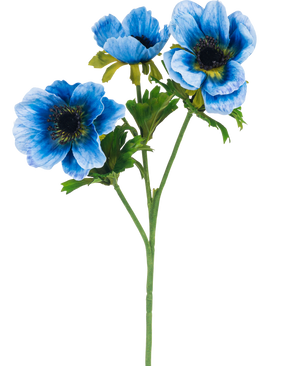La flor artificial de anémona doble de 56 cm azul tiene un único tallo verde con tres flores de anémona azules y varias hojas verdes, representadas sobre un fondo blanco liso.