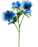 La flor artificial de anémona doble de 56 cm azul tiene un único tallo verde con tres flores de anémona azules y varias hojas verdes, representadas sobre un fondo blanco liso.