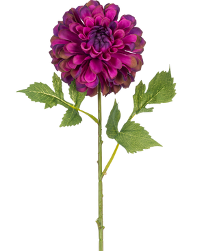 Una sola flor artificial Dalia de 50 cm de color púrpura con vibrantes pétalos en capas de color púrpura y hojas verdes, aislada sobre un fondo blanco.