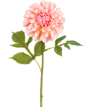 La Flor Artificial Dalia 50 cm rosa es una única dalia artificial rosa con pétalos en capas y un tallo verde con tres juegos de hojas dentadas, sobre un fondo blanco.