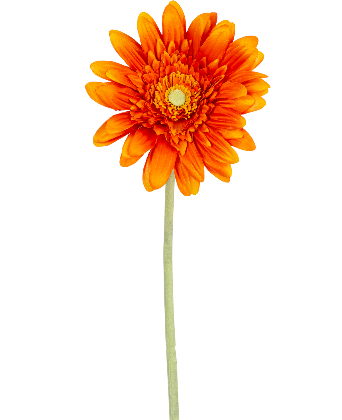 La flor artificial Gerbera de 53 cm naranja tiene una gerbera de color naranja vibrante con pétalos en capas y un corazón amarillo, sobre un largo tallo verde sobre un fondo blanco liso.