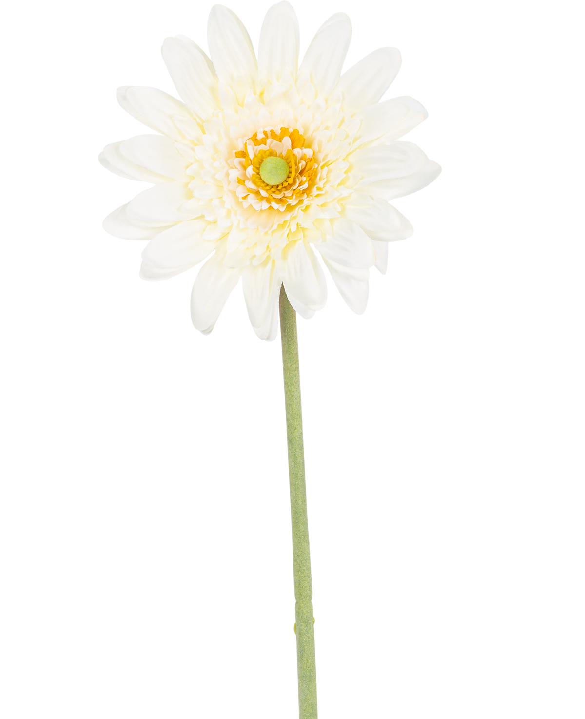 La flor artificial Gerbera 53 cm blanca tiene una única flor blanca parecida a una margarita con pétalos en capas, un corazón de color amarillo verdoso y un largo tallo verde sobre un fondo blanco.