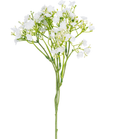 Una única rama artificial de Baby's Breath de 46 cm con pequeñas y delicadas flores blancas y tallos verdes sobre un fondo liso blanco.
