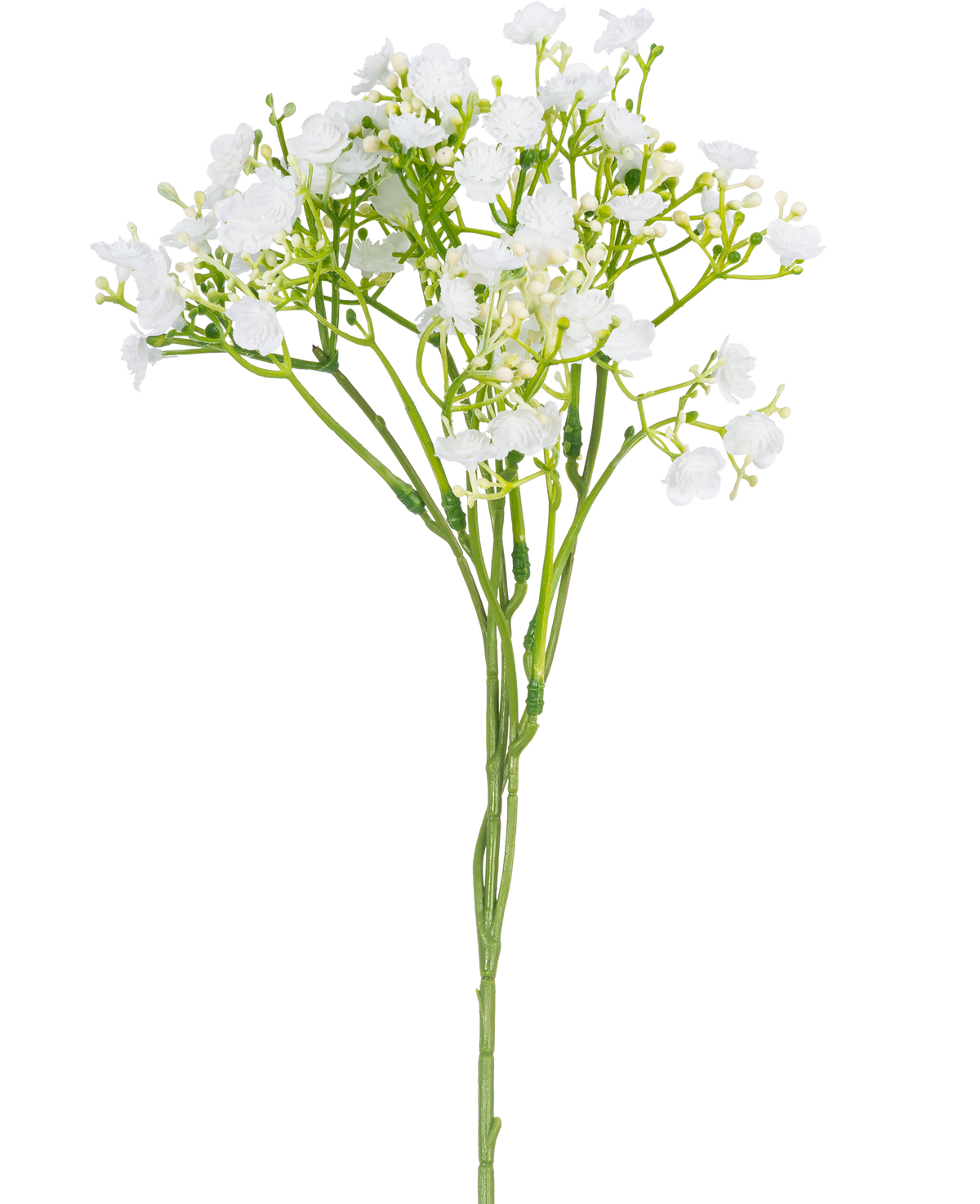 Una única rama artificial de Baby's Breath de 46 cm con pequeñas y delicadas flores blancas y tallos verdes sobre un fondo liso blanco.