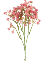 La rama artificial de Gypsophila rosa vintage de 48 cm tiene un único tallo verde con múltiples ramas delgadas, cada una decorada con ramos de pequeñas flores redondas de color rosa, todas ellas sobre un fondo blanco liso.