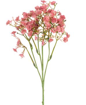 La rama artificial de Gypsophila rosa vintage de 48 cm tiene un único tallo verde con múltiples ramas delgadas, cada una decorada con ramos de pequeñas flores redondas de color rosa, todas ellas sobre un fondo blanco liso.