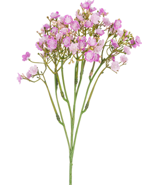 La rama artificial de Gypsophila de 46 cm rosa tiene delicadas flores rosadas con pétalos pequeños y redondos sobre finos tallos verdes, sobre un fondo blanco.