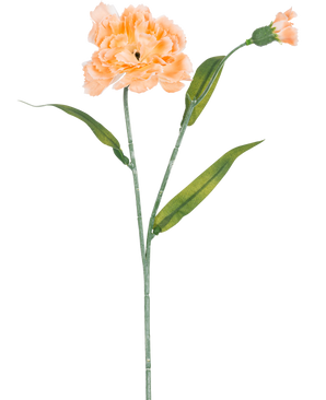 El clavel artificial de color melocotón de 40 cm es un clavel artificial de color melocotón claro con hojas verdes y un pequeño capullo sin abrir, representado sobre un fondo blanco.